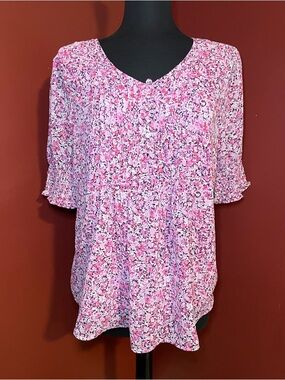 Preswick & Moore Pink Micro-Florals V-Neck Ruffle Sleeve Blouse